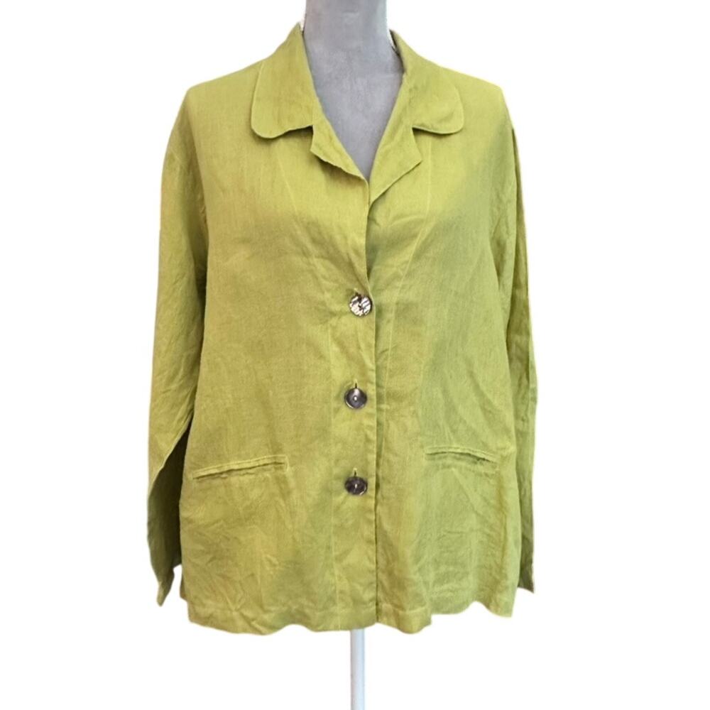 GERTIES 100% Linen Button Front Jacket Lime Green Long Sleeve Made in USA‎ M